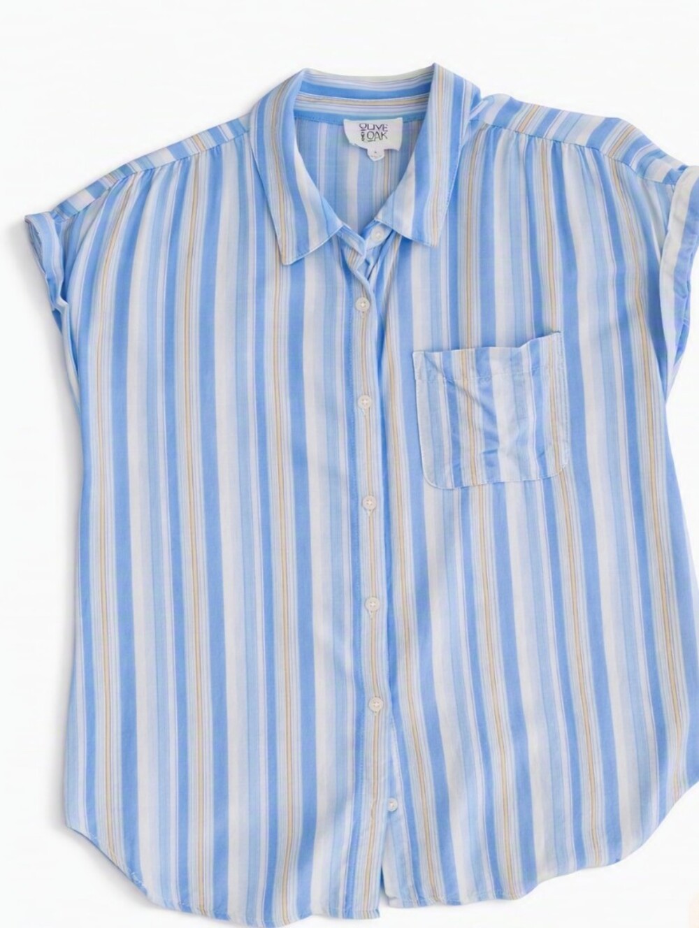 Olive & Oak Rayon Blue Yellow Striped Cap Sleeve Coastal Vacation Boho Blouse L